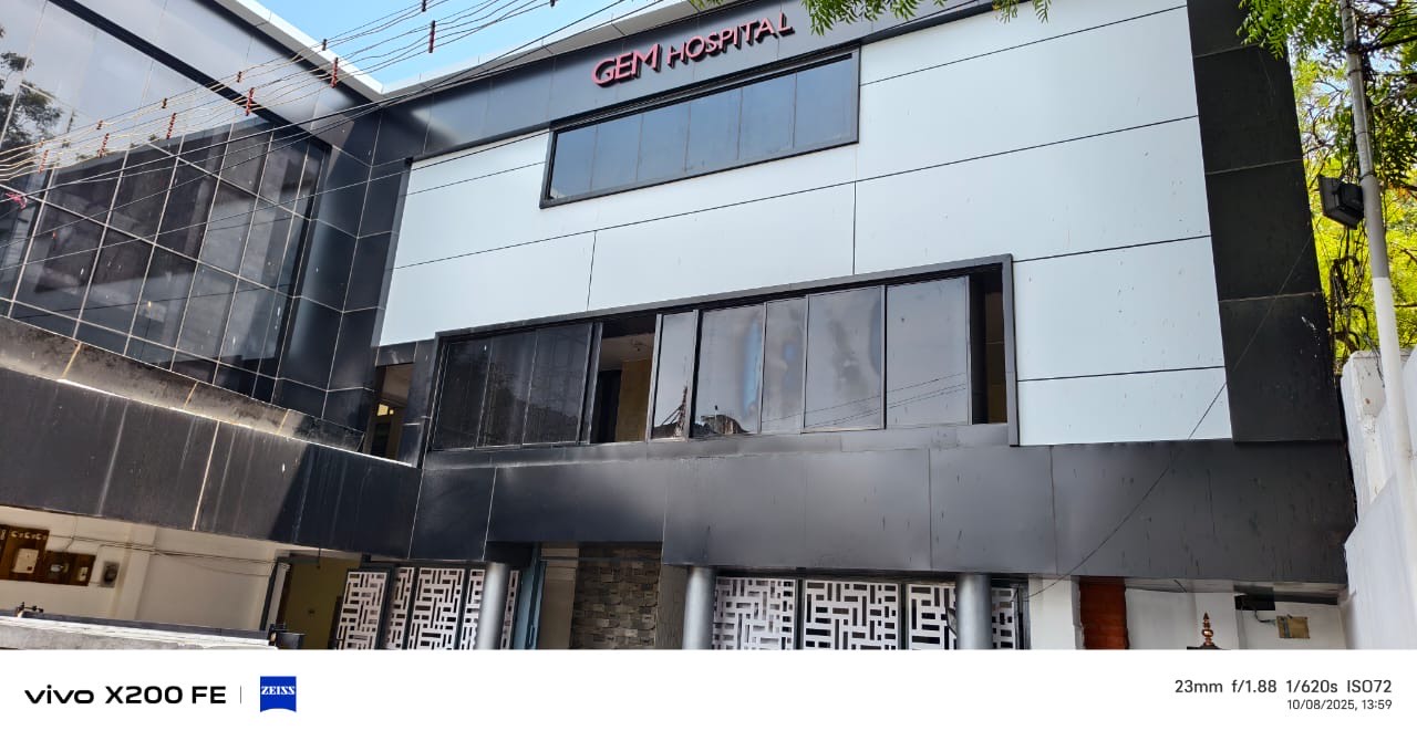 The front entrance of GEM Head & Neck Hospital in Tirunelveli.